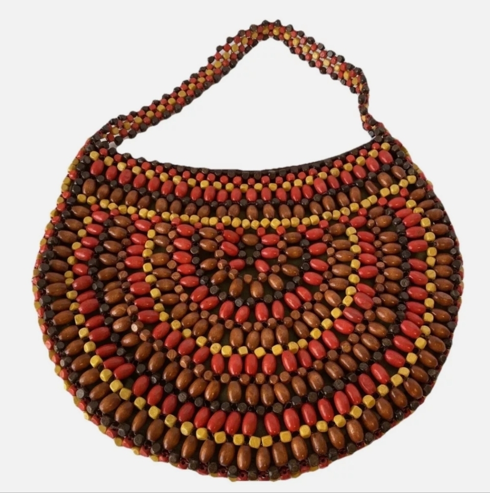 Wooden Bead Purse Satchel Hobo Bag Boho Hippie Bright Colors Red Brown Yellow - Picture 2 of 9